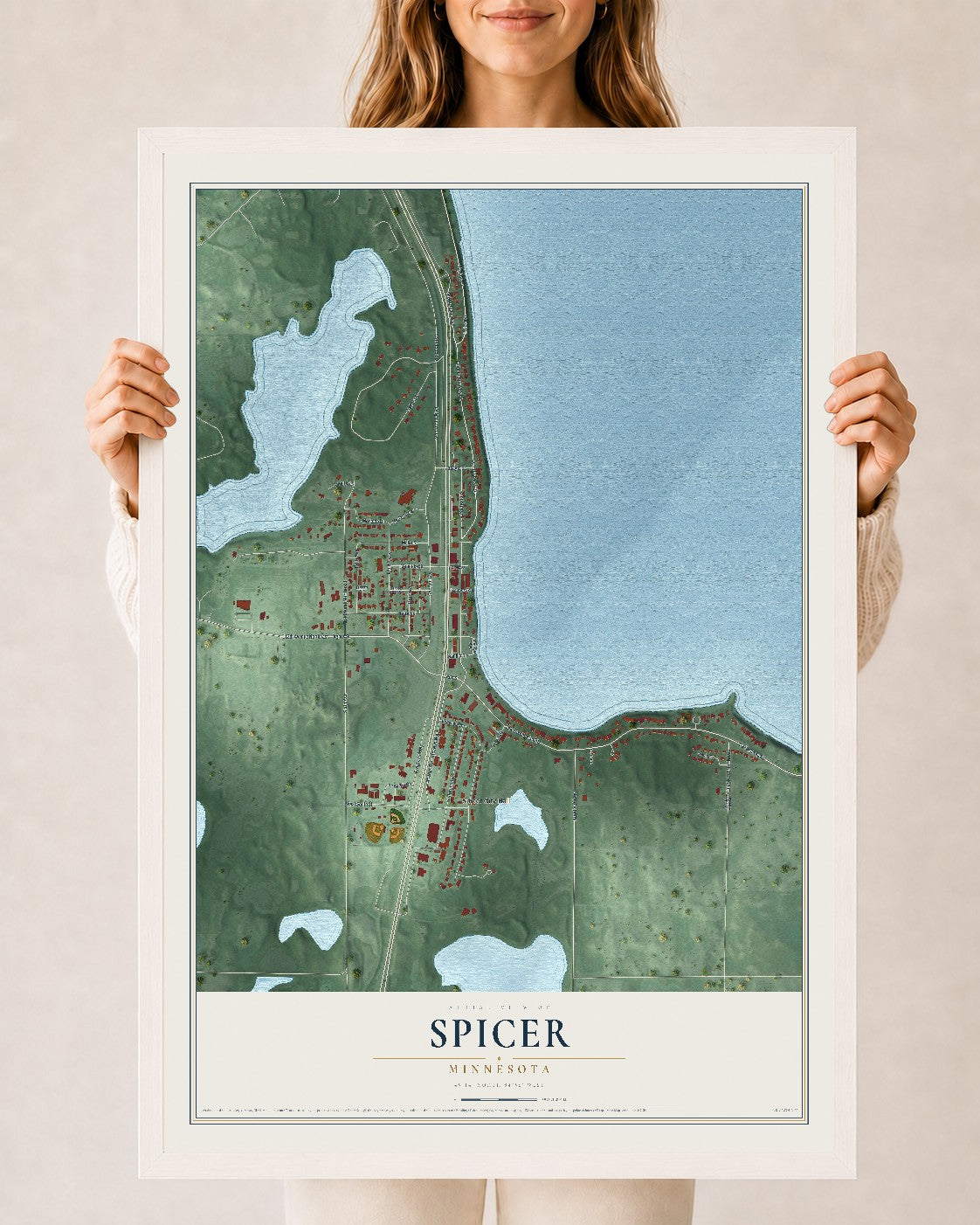 Map of Spicer, Minnesota, 24 x 36 inch print in a white wood frame
