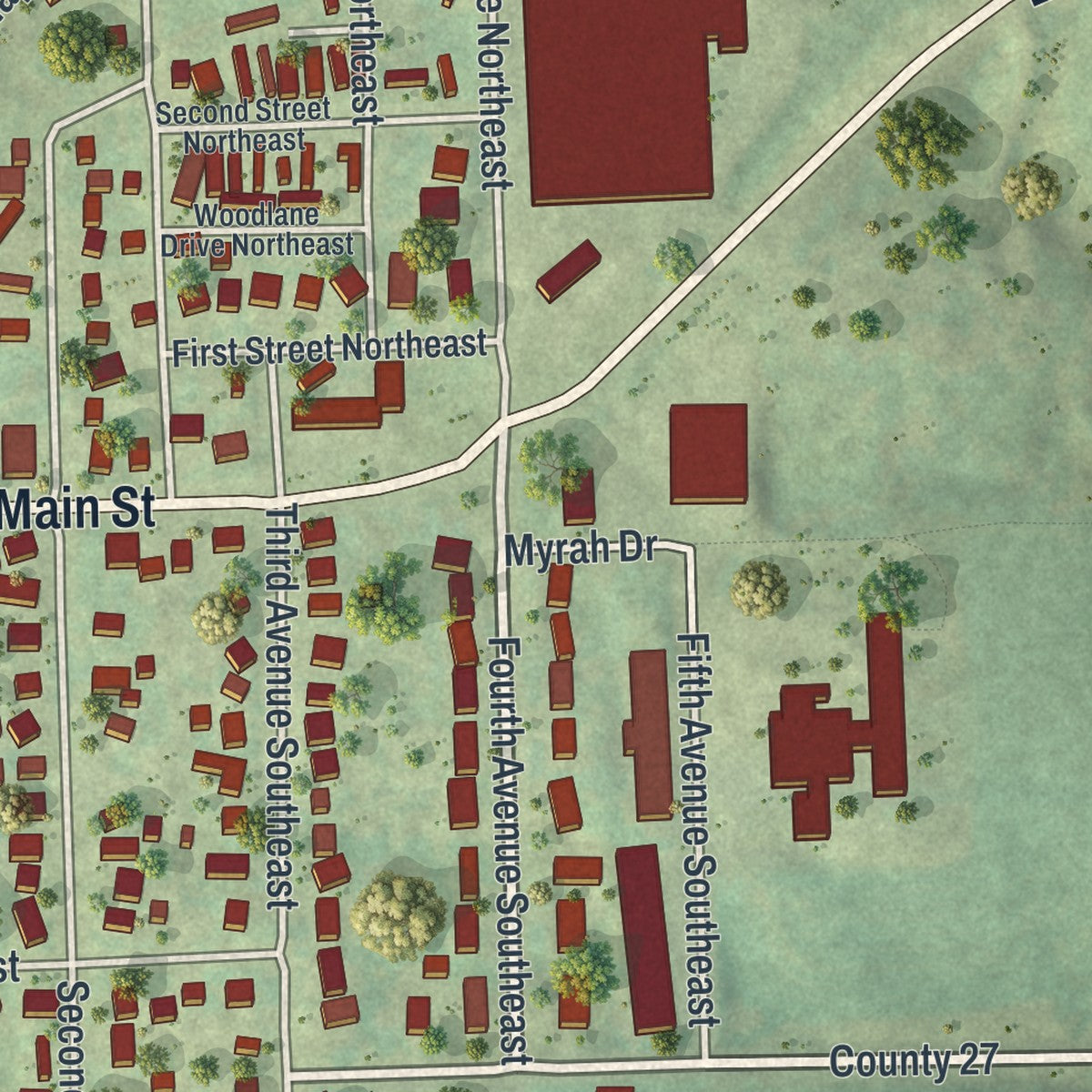 Second close-up of the map of Spring Grove, Minnesota print showing more streets and buildings