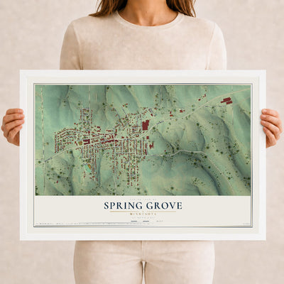 Map of Spring Grove, Minnesota, 12 x 18 inch print in a white wood frame