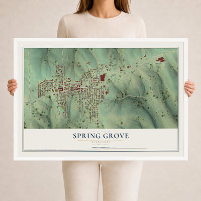Map of Spring Grove, Minnesota, 24 x 36 inch print in a white wood frame