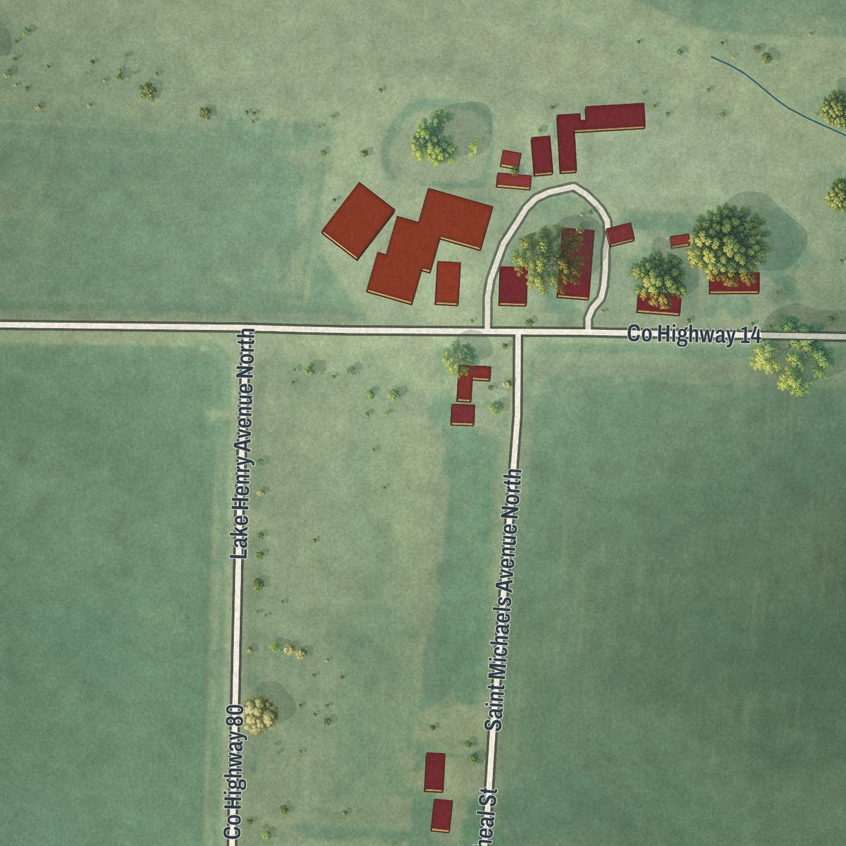 Close-up of the map of Spring Hill, Minnesota print showing street and building detail