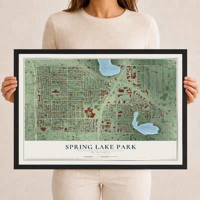 Map of Spring Lake Park, Minnesota, 12 x 18 inch print in a black wood frame