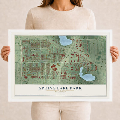 Map of Spring Lake Park, Minnesota, 12 x 18 inch print in a white wood frame