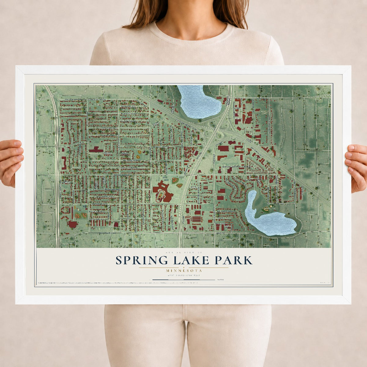 Map of Spring Lake Park, Minnesota, 18 x 24 inch print in a white wood frame