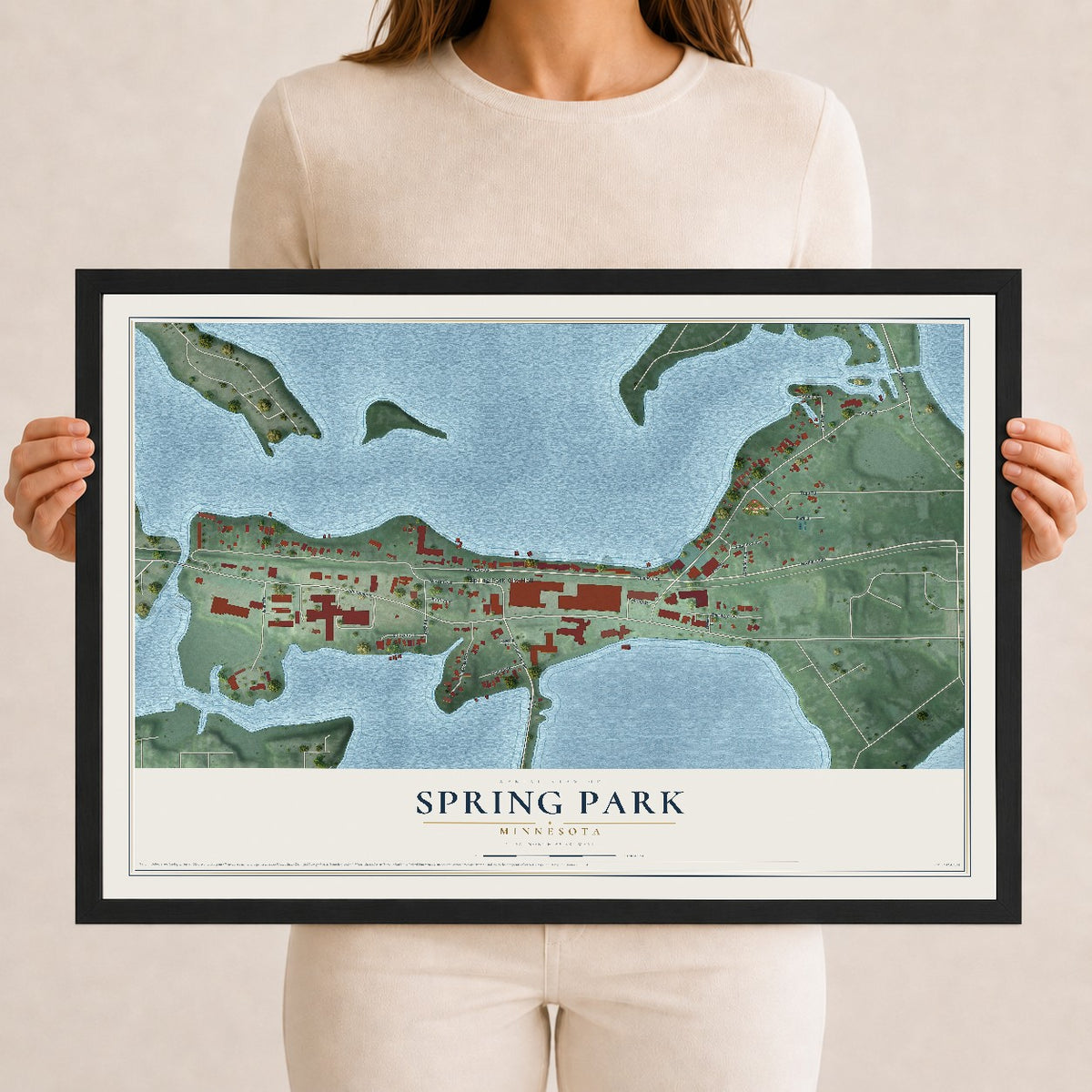 Map of Spring Park, Minnesota, 12 x 18 inch print in a black wood frame