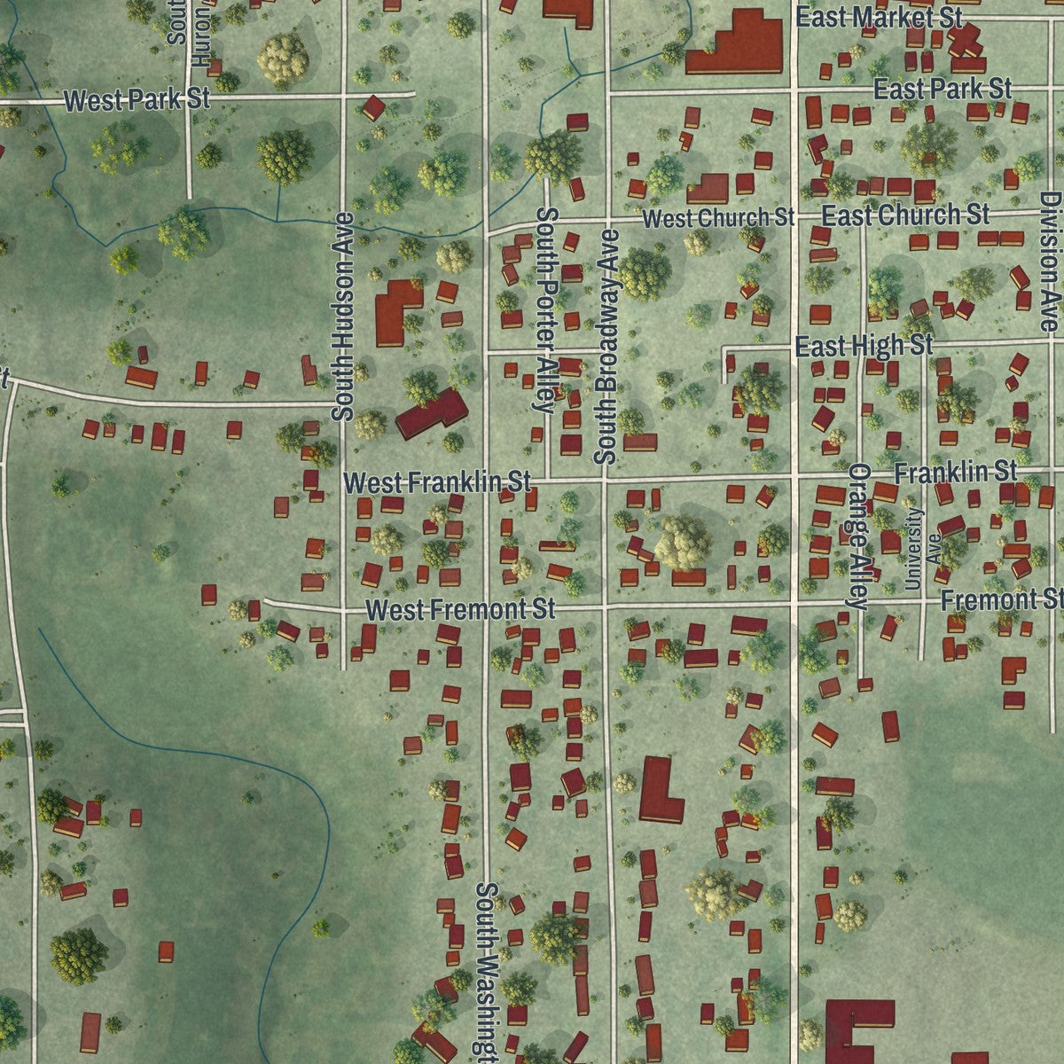 Second close-up of the map of Spring Valley, Minnesota print showing more streets and buildings