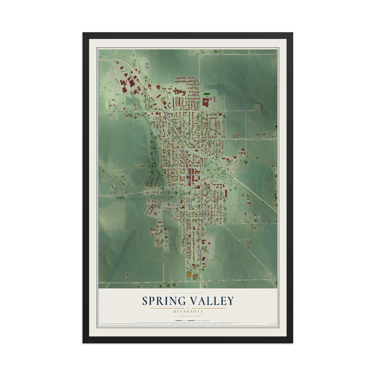 Map of Spring Valley, Minnesota, 12 x 18 inch print in a black wood frame