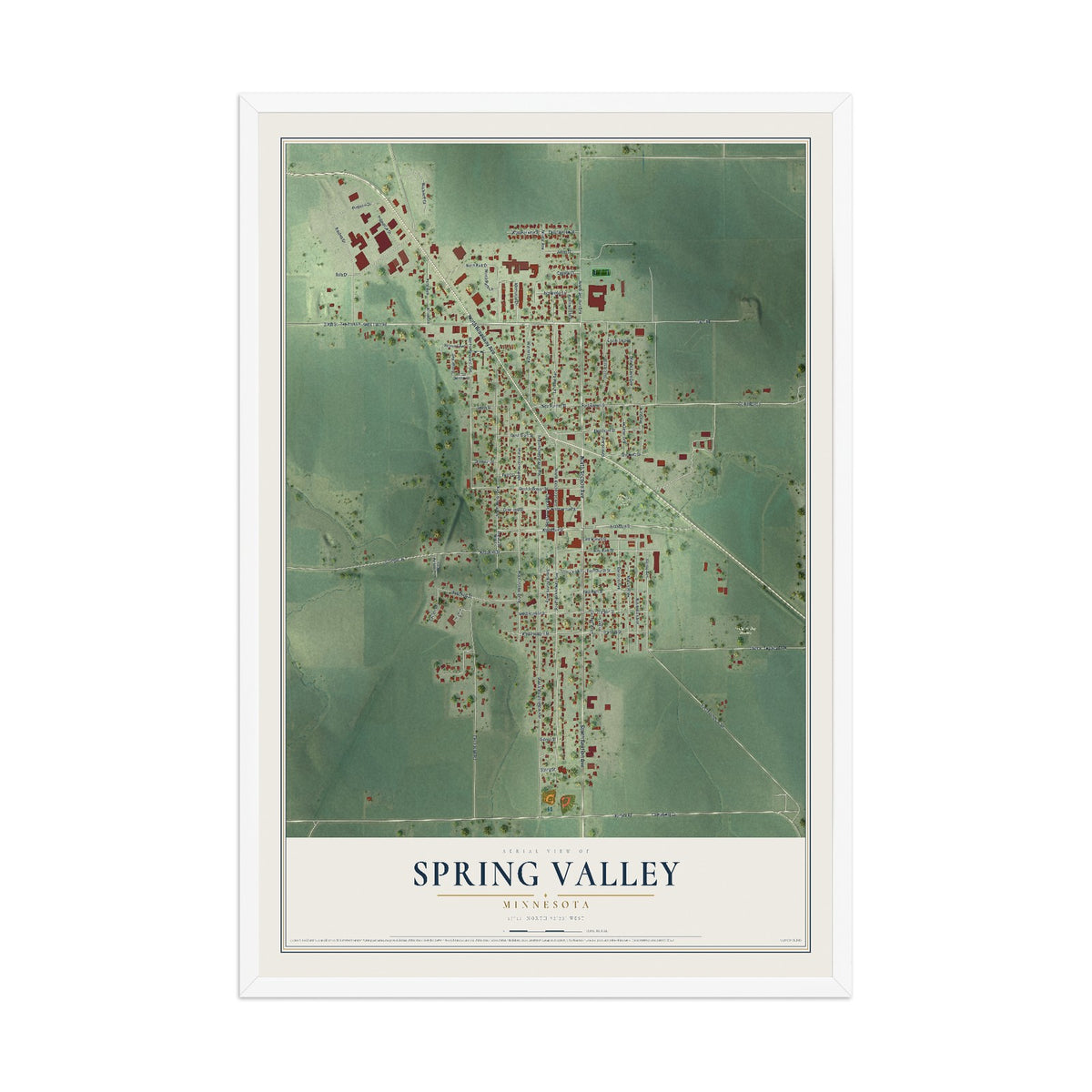 Map of Spring Valley, Minnesota, 12 x 18 inch print in a white wood frame