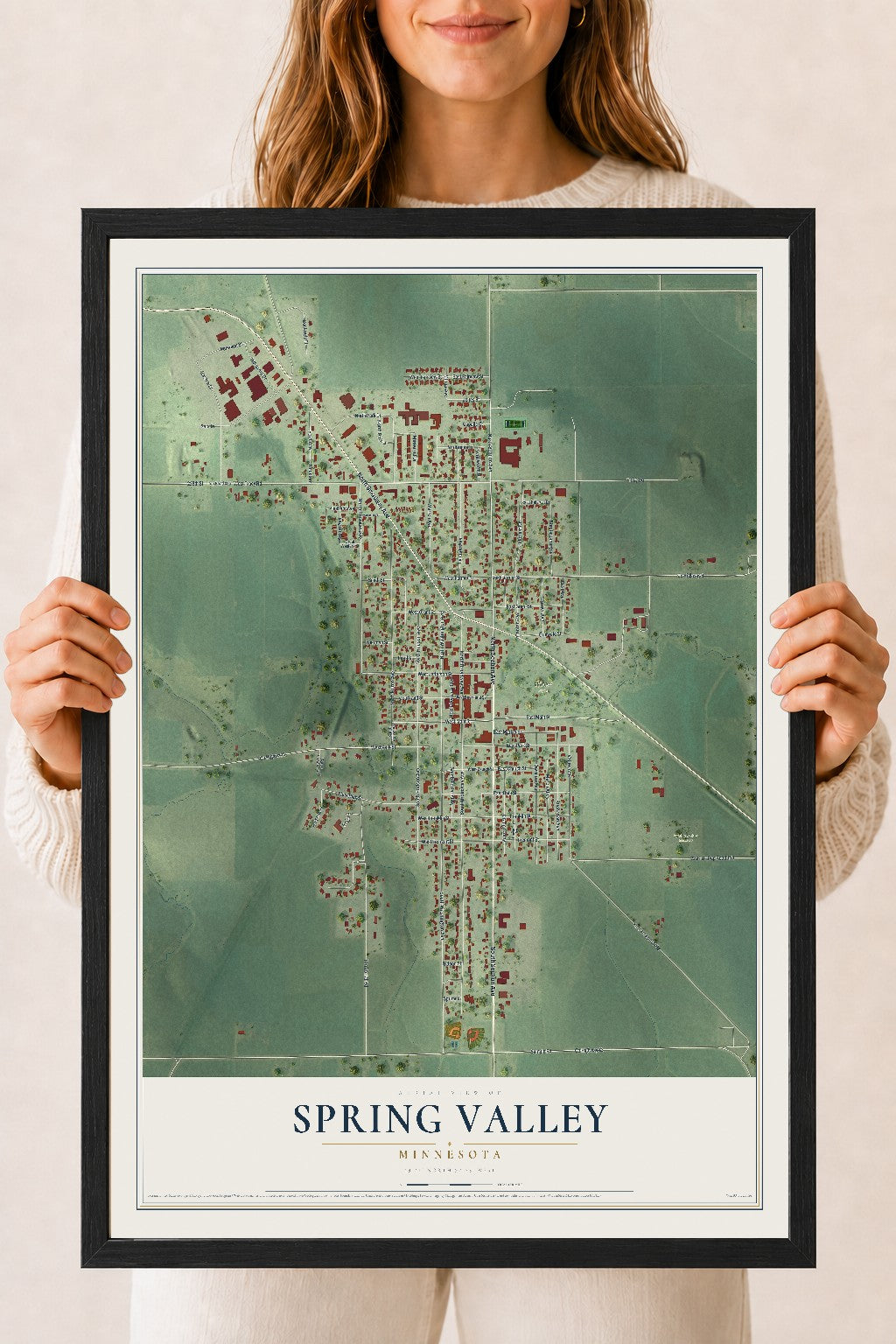 Map of Spring Valley, Minnesota, 18 x 24 inch print in a black wood frame