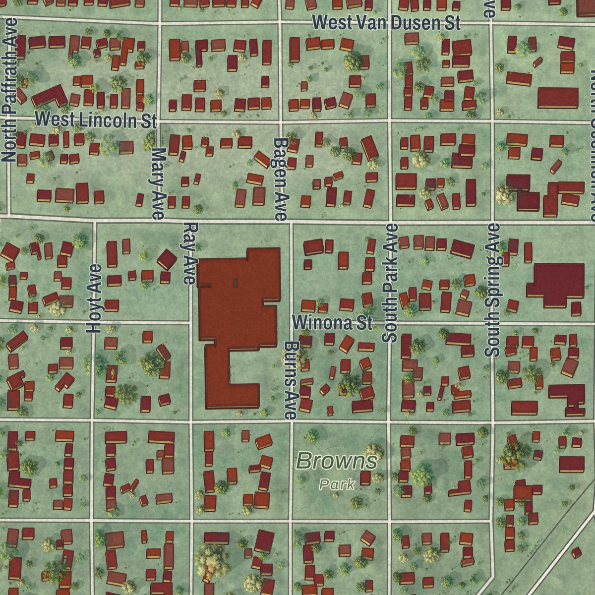 Close-up of the map of Springfield, Minnesota print showing street and building detail