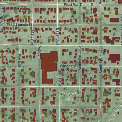 Close-up of the map of Springfield, Minnesota print showing street and building detail