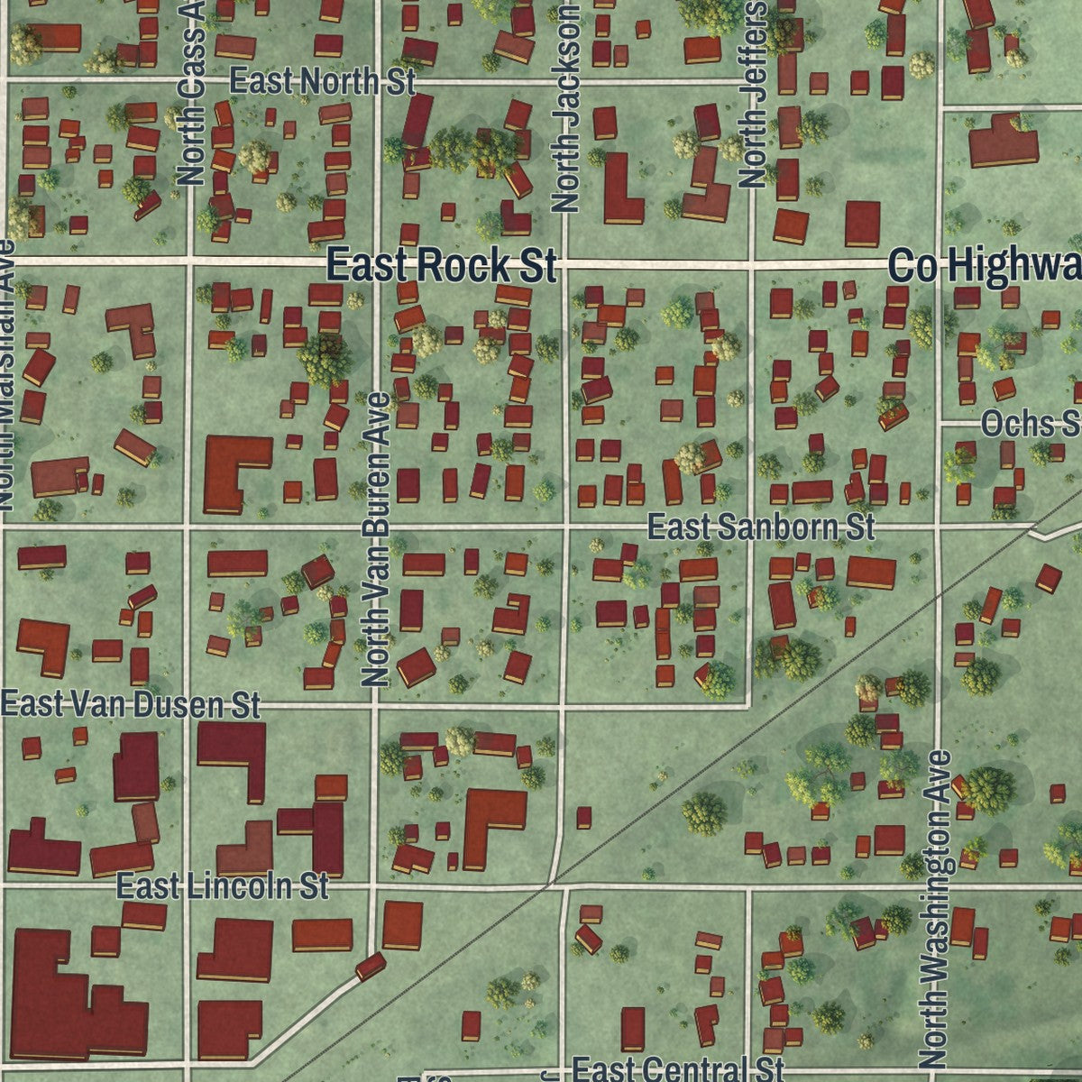 Second close-up of the map of Springfield, Minnesota print showing more streets and buildings