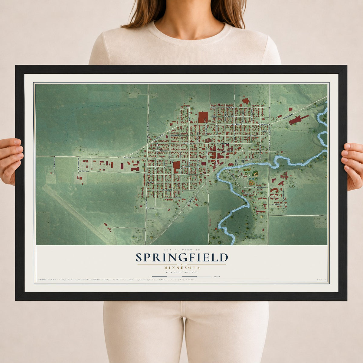 Map of Springfield, Minnesota, 18 x 24 inch print in a black wood frame