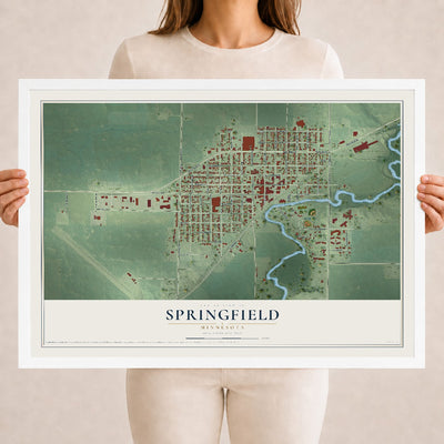 Map of Springfield, Minnesota, 18 x 24 inch print in a white wood frame