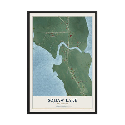 Map of Squaw Lake, Minnesota, 12 x 18 inch print in a black wood frame