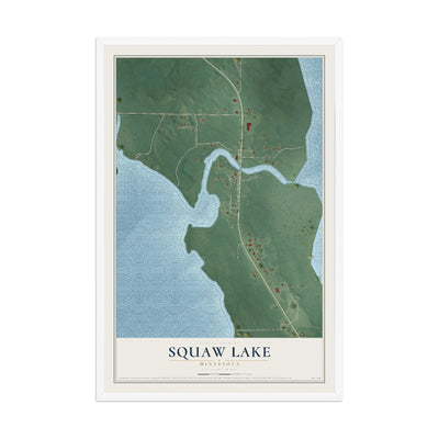 Map of Squaw Lake, Minnesota, 12 x 18 inch print in a white wood frame