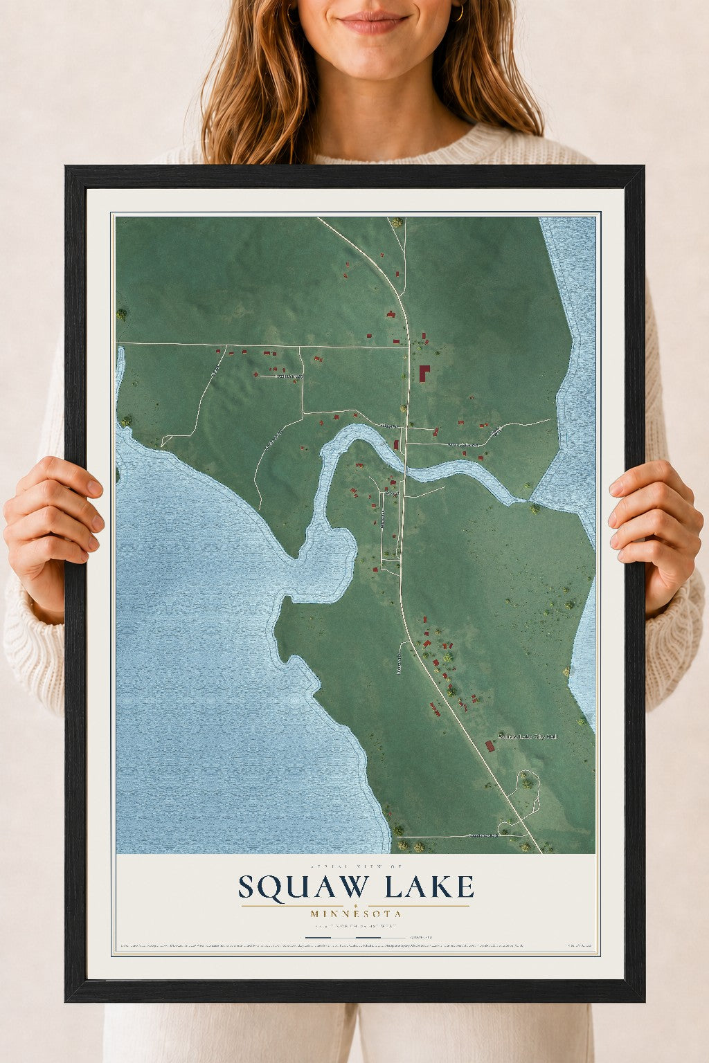 Map of Squaw Lake, Minnesota, 18 x 24 inch print in a black wood frame