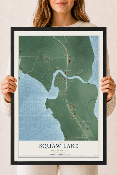 Map of Squaw Lake, Minnesota, 18 x 24 inch print in a black wood frame