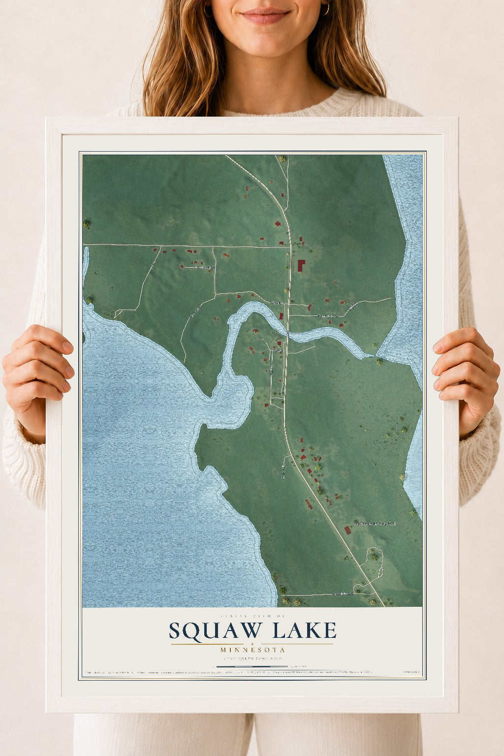 Map of Squaw Lake, Minnesota, 18 x 24 inch print in a white wood frame