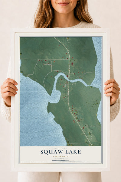 Map of Squaw Lake, Minnesota, 18 x 24 inch print in a white wood frame