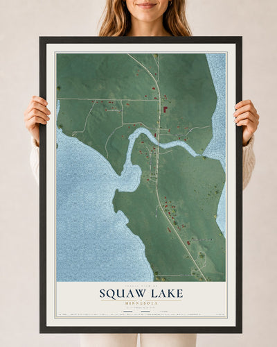Map of Squaw Lake, Minnesota, 24 x 36 inch print in a black wood frame
