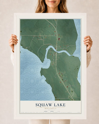 Map of Squaw Lake, Minnesota, 24 x 36 inch print in a white wood frame