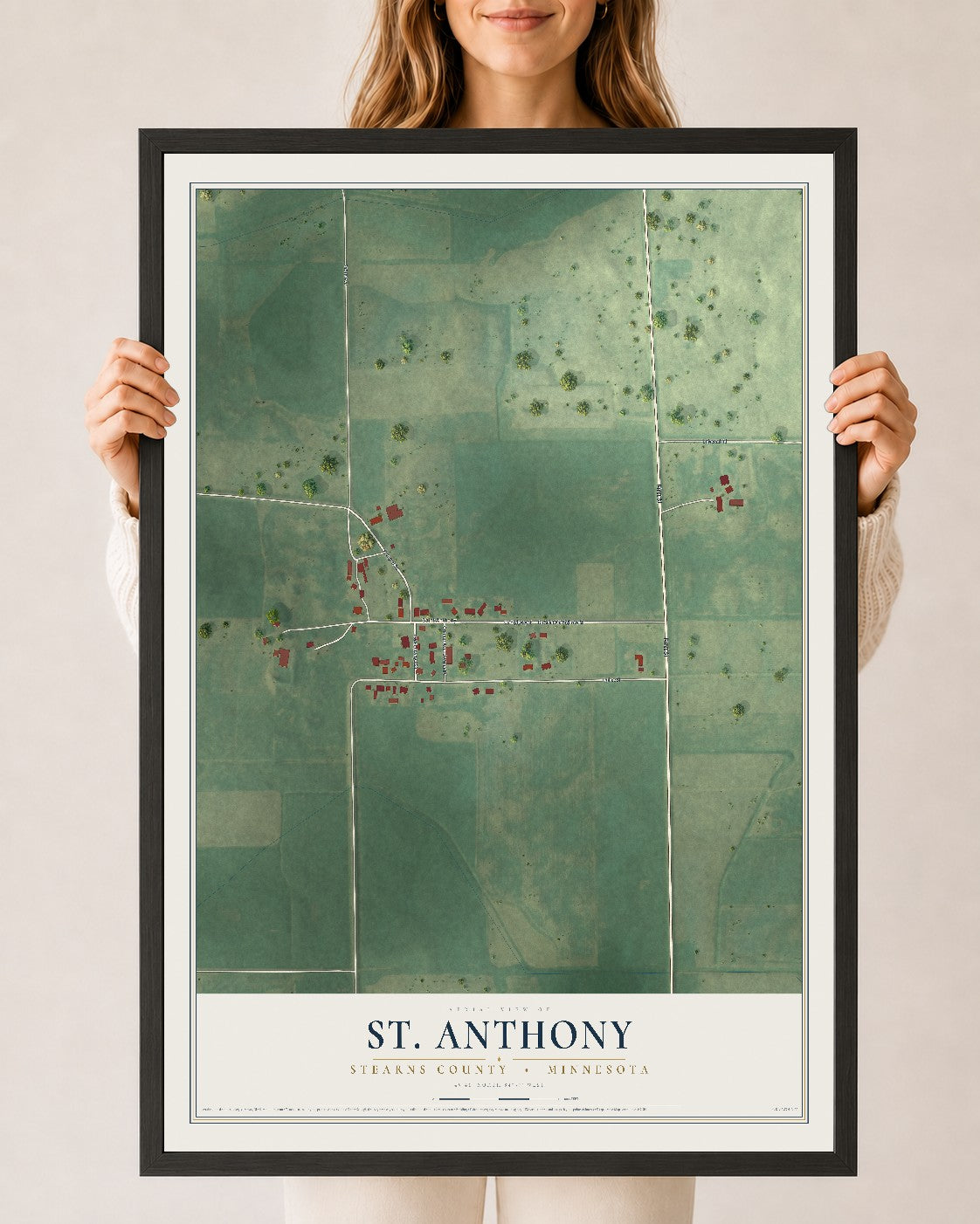 Map of St. Anthony, Stearns County, Minnesota, 24 x 36 inch print in a black wood frame