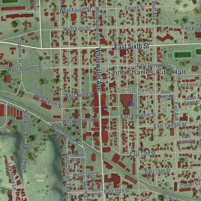 Close-up of the map of St. Charles, Minnesota print showing street and building detail