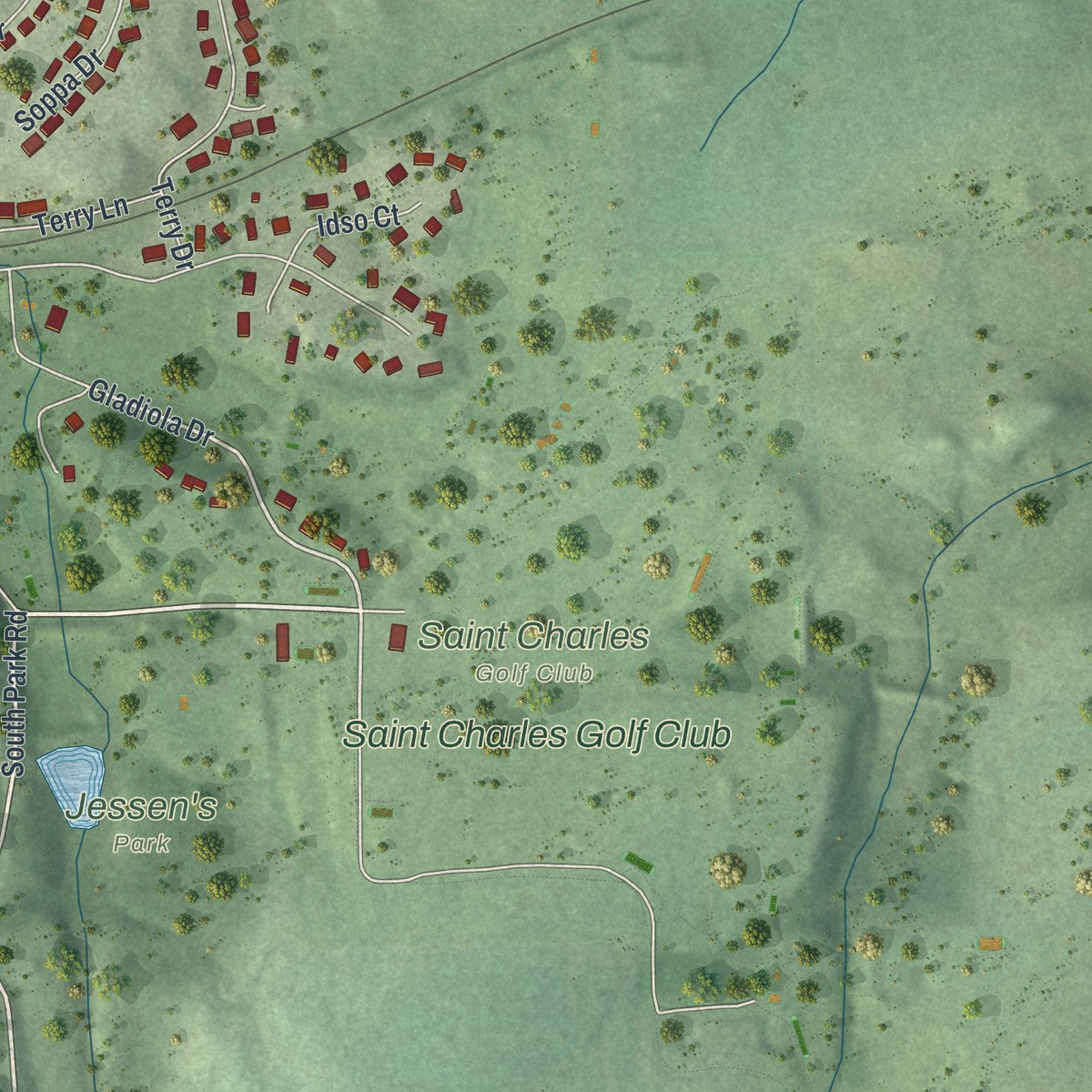 Second close-up of the map of St. Charles, Minnesota print showing more streets and buildings