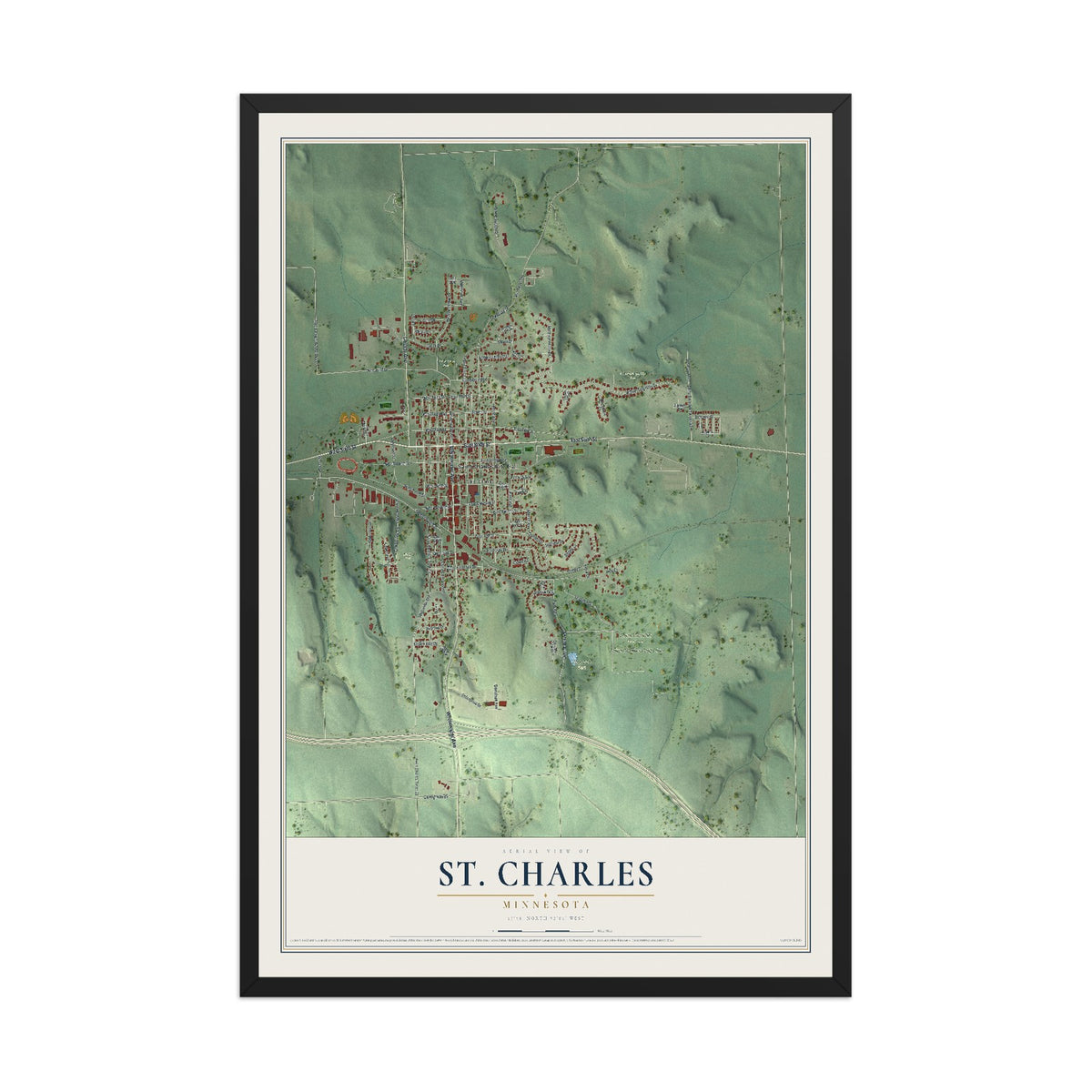 Map of St. Charles, Minnesota, 12 x 18 inch print in a black wood frame