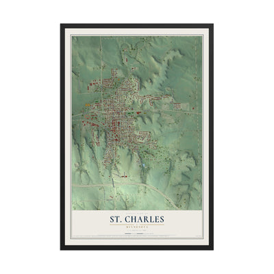 Map of St. Charles, Minnesota, 12 x 18 inch print in a black wood frame