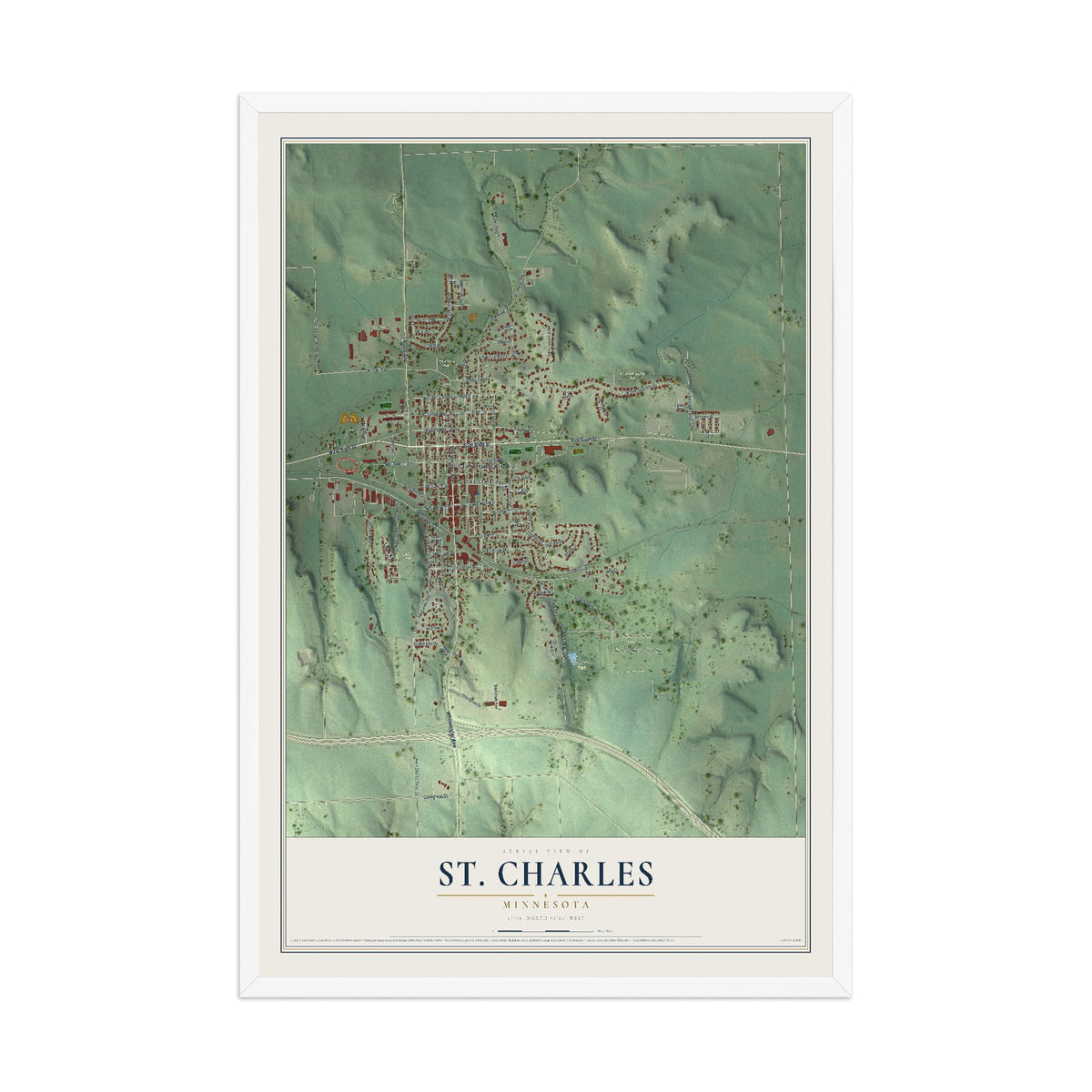 Map of St. Charles, Minnesota, 12 x 18 inch print in a white wood frame