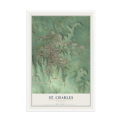 Map of St. Charles, Minnesota, 12 x 18 inch print in a white wood frame