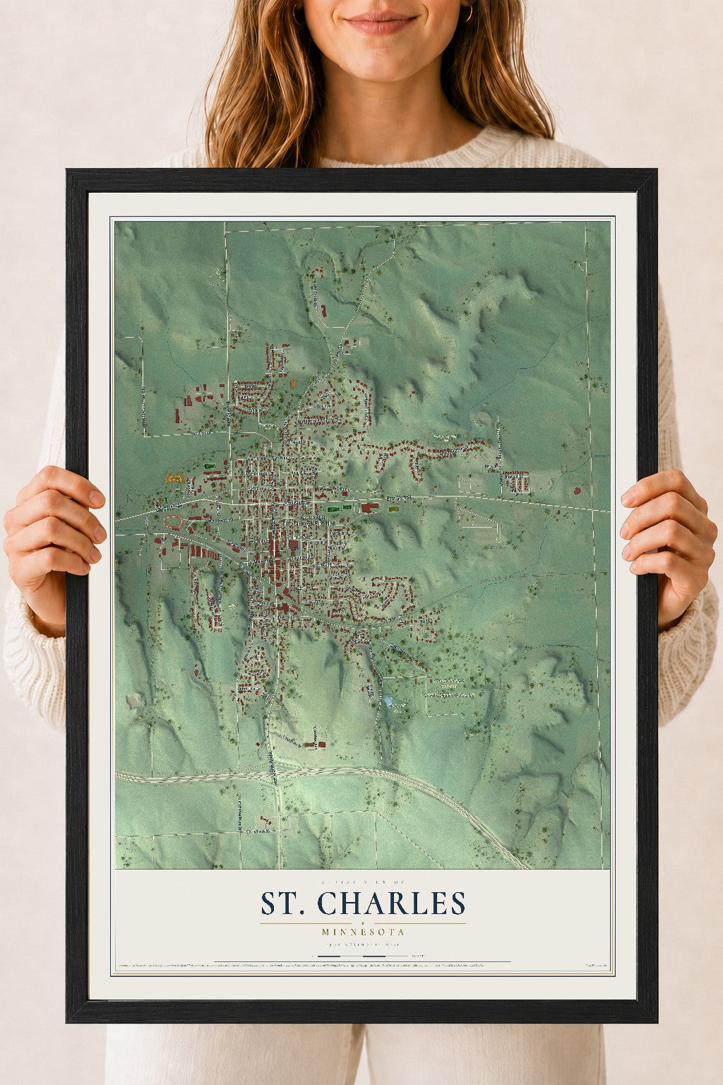 Map of St. Charles, Minnesota, 18 x 24 inch print in a black wood frame