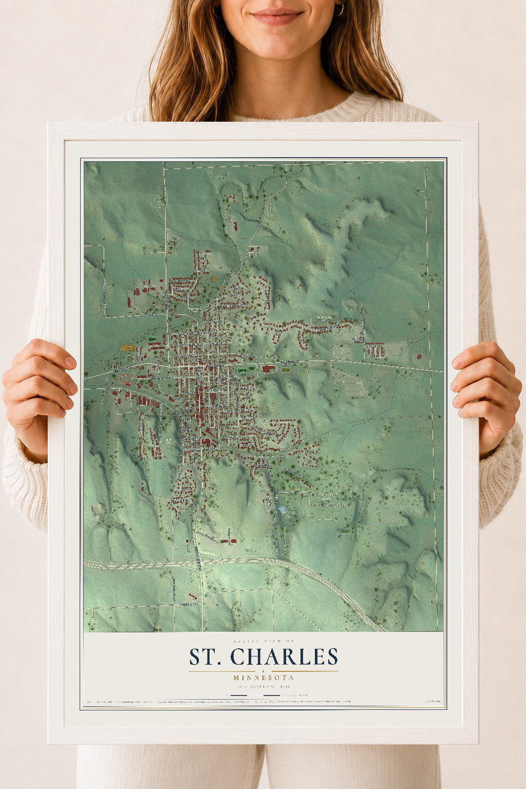 Map of St. Charles, Minnesota, 18 x 24 inch print in a white wood frame