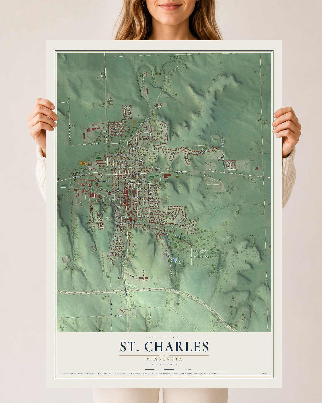 Map of St. Charles, Minnesota, 24 x 36 inch unframed archival matte print