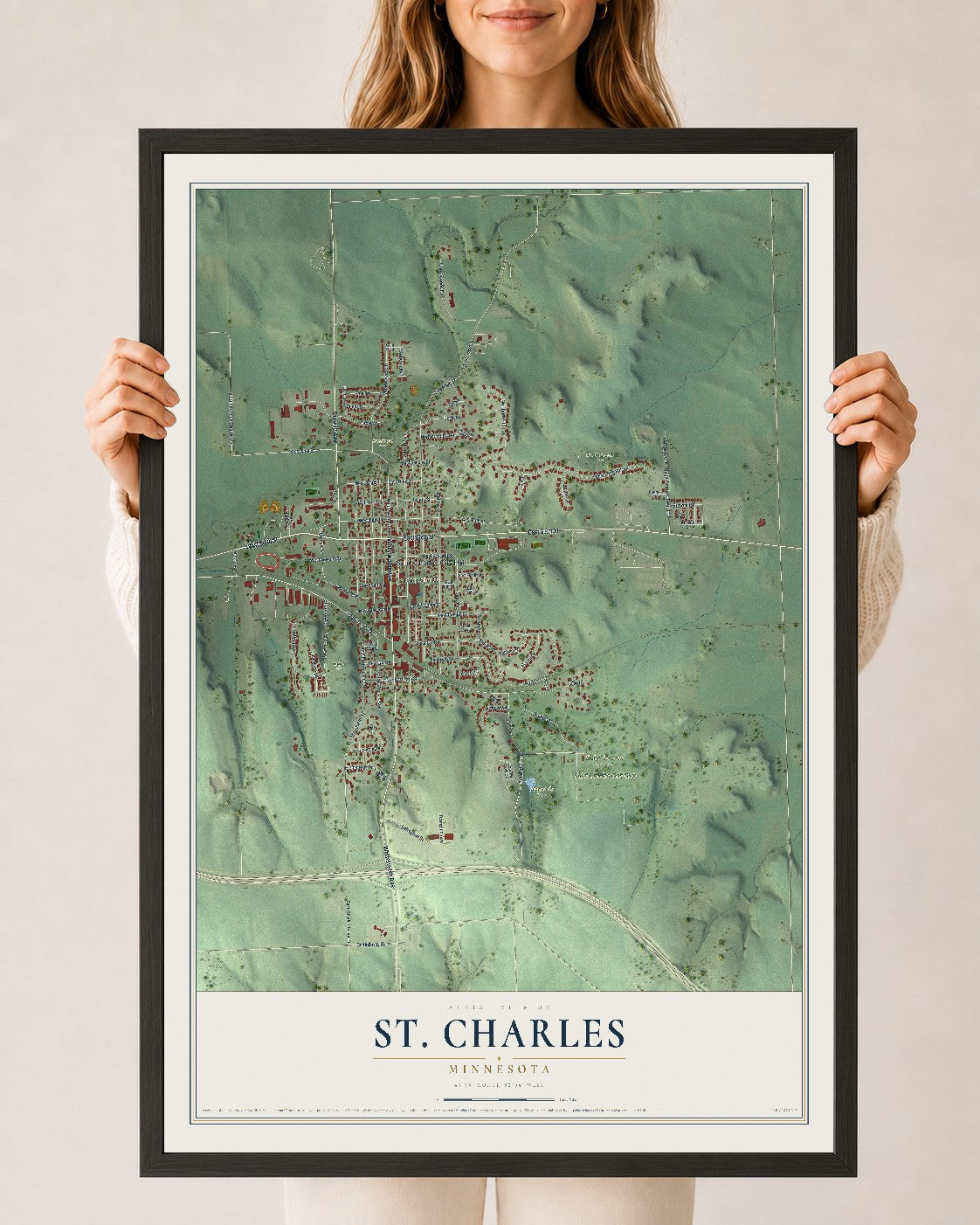 Map of St. Charles, Minnesota, 24 x 36 inch print in a black wood frame