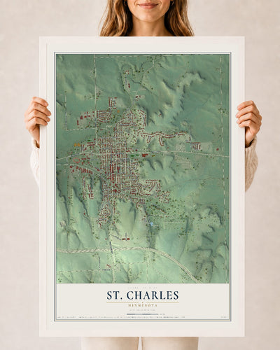Map of St. Charles, Minnesota, 24 x 36 inch print in a white wood frame