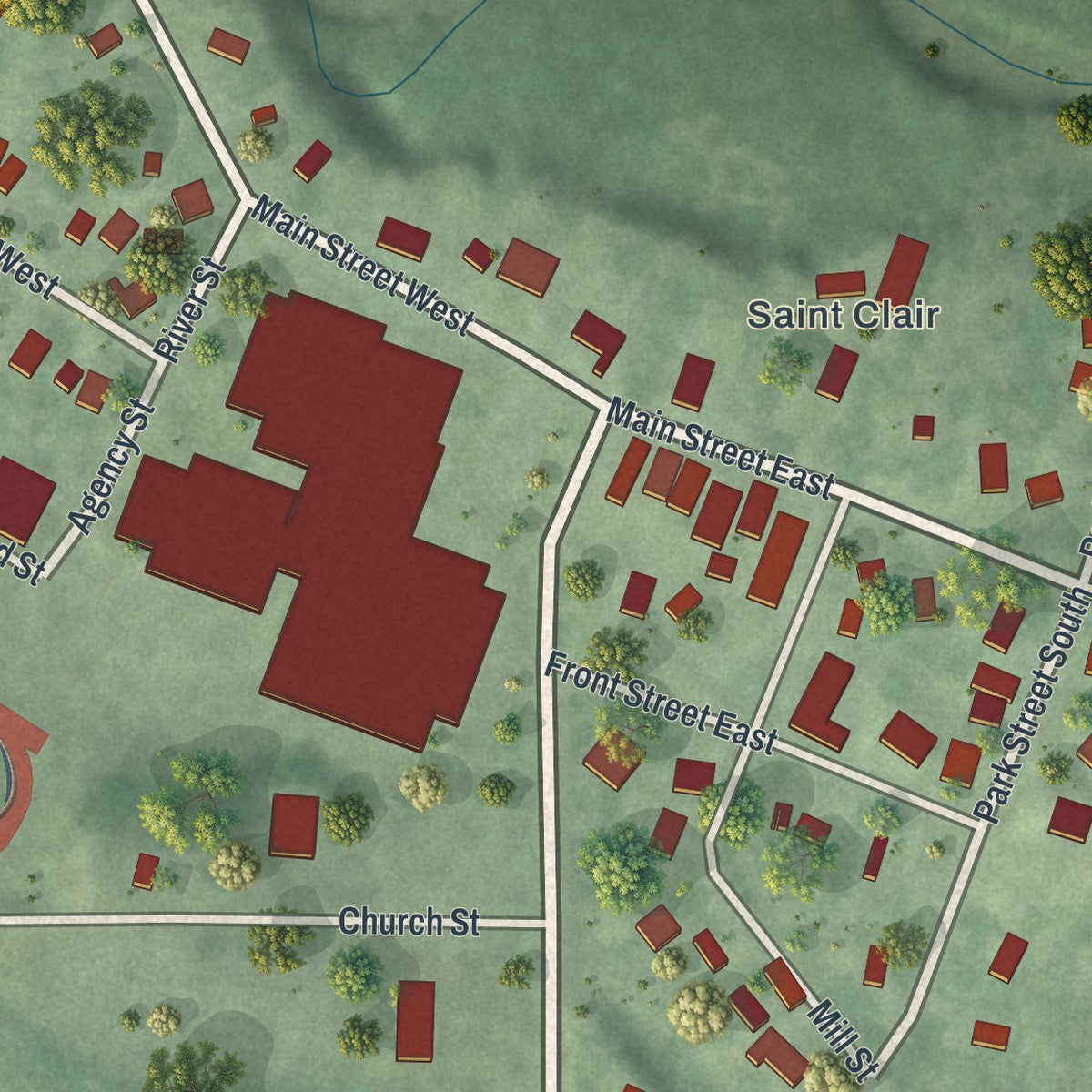 Second close-up of the map of St. Clair, Minnesota print showing more streets and buildings