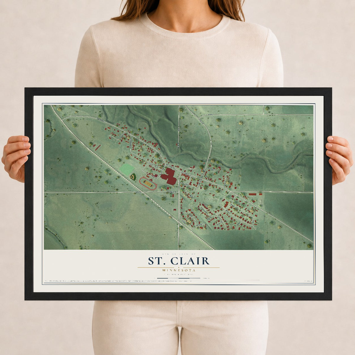 Map of St. Clair, Minnesota, 12 x 18 inch print in a black wood frame