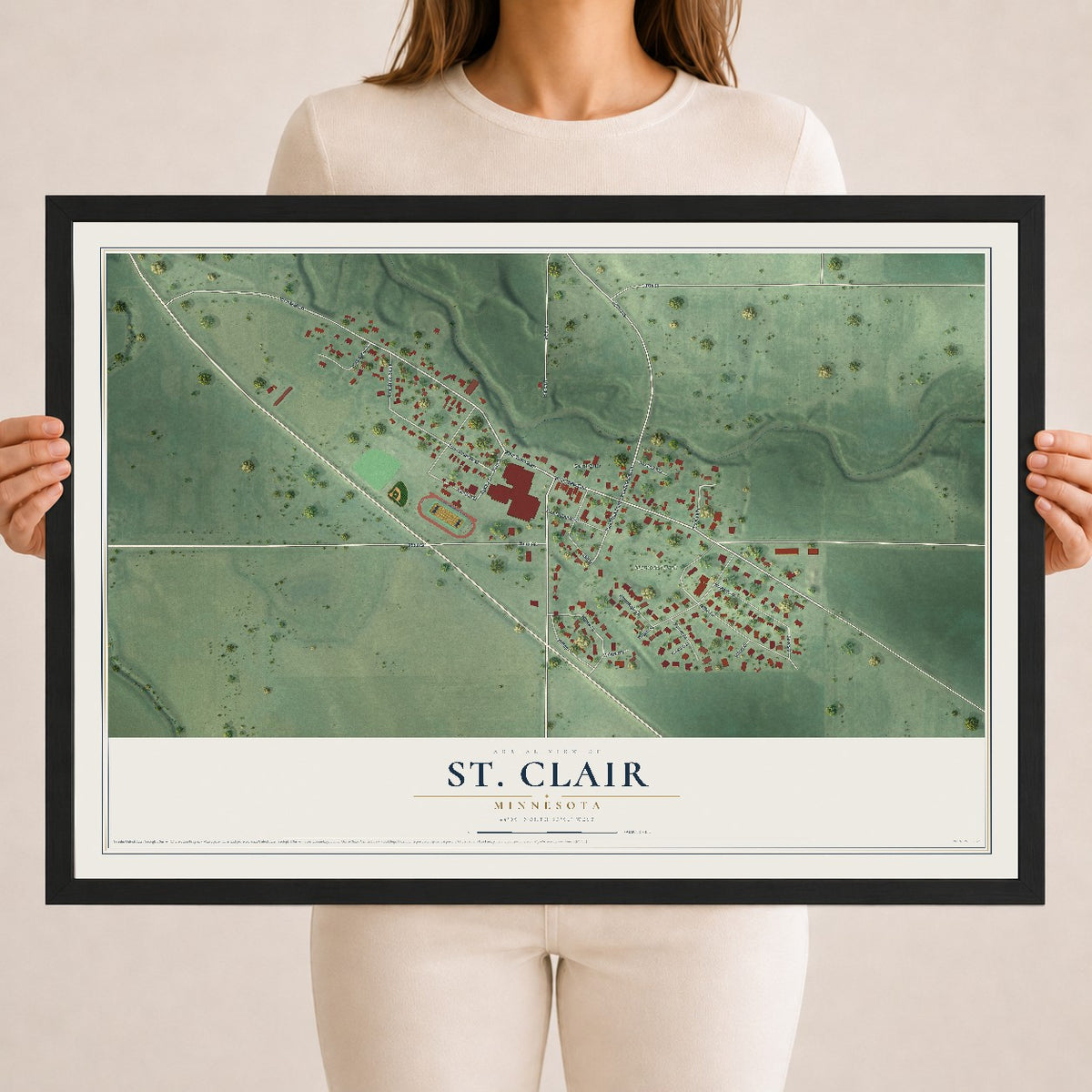 Map of St. Clair, Minnesota, 18 x 24 inch print in a black wood frame