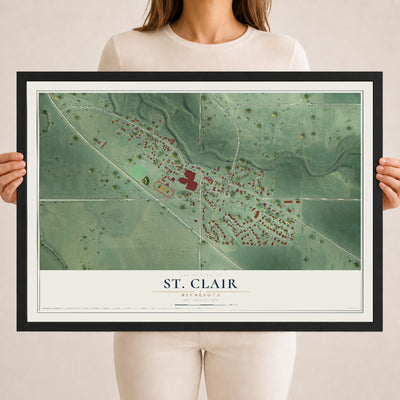 Map of St. Clair, Minnesota, 18 x 24 inch print in a black wood frame