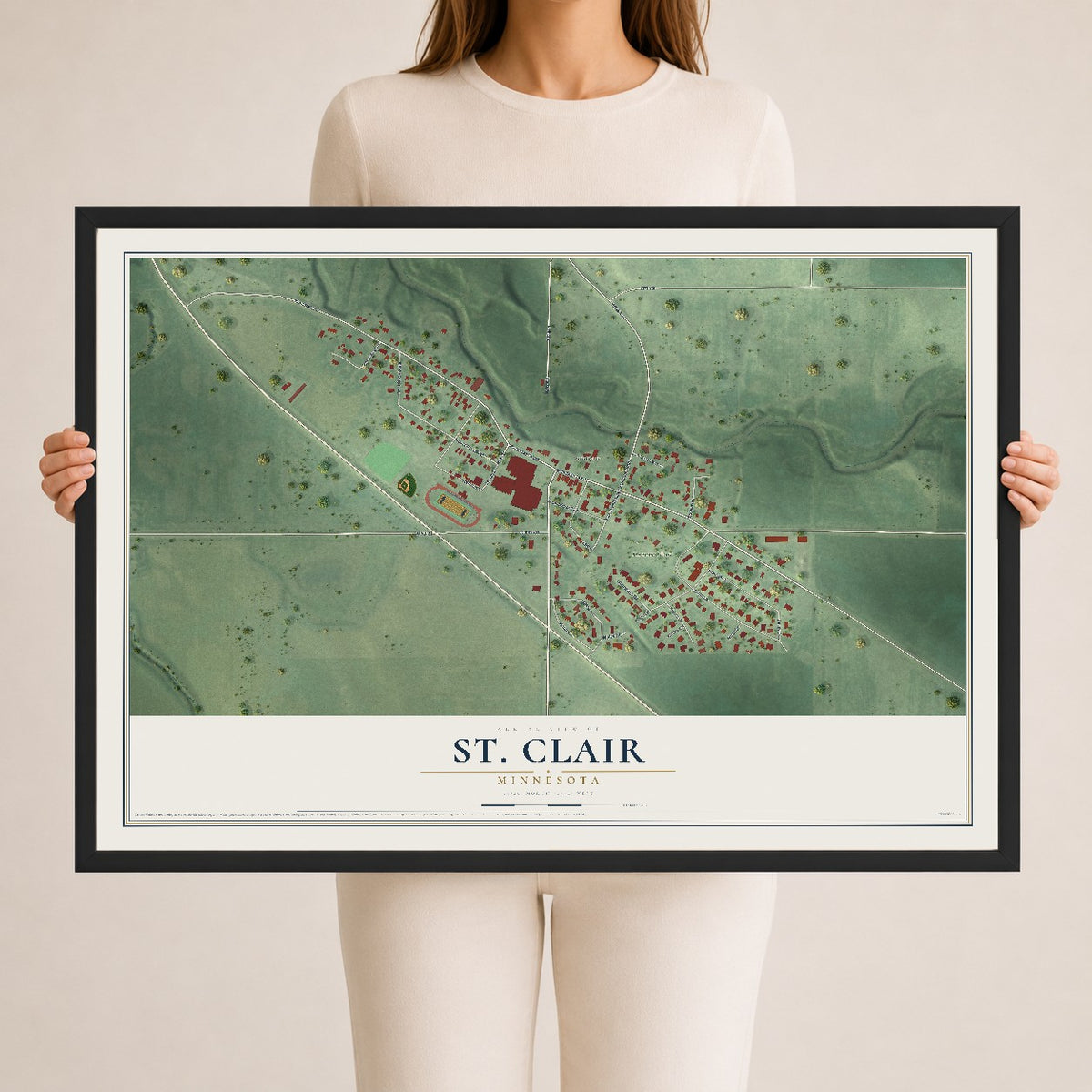 Map of St. Clair, Minnesota, 24 x 36 inch print in a black wood frame