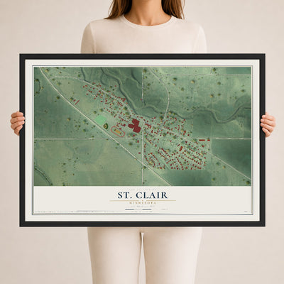 Map of St. Clair, Minnesota, 24 x 36 inch print in a black wood frame