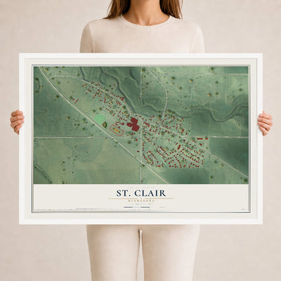 Map of St. Clair, Minnesota, 24 x 36 inch print in a white wood frame