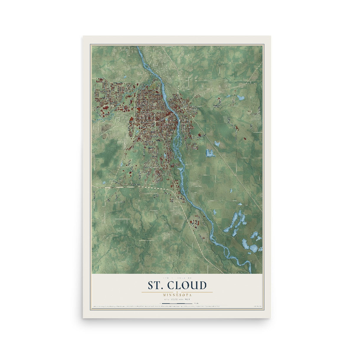 Map of St. Cloud, Minnesota, 12 x 18 inch unframed archival matte print
