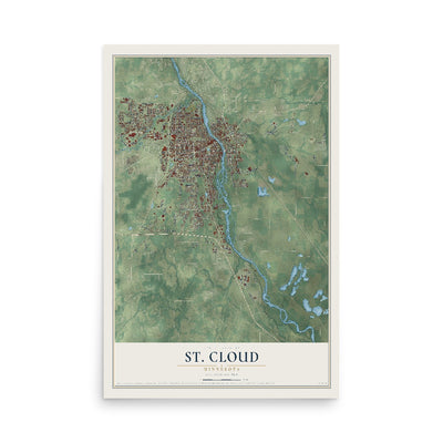 Map of St. Cloud, Minnesota, 12 x 18 inch unframed archival matte print