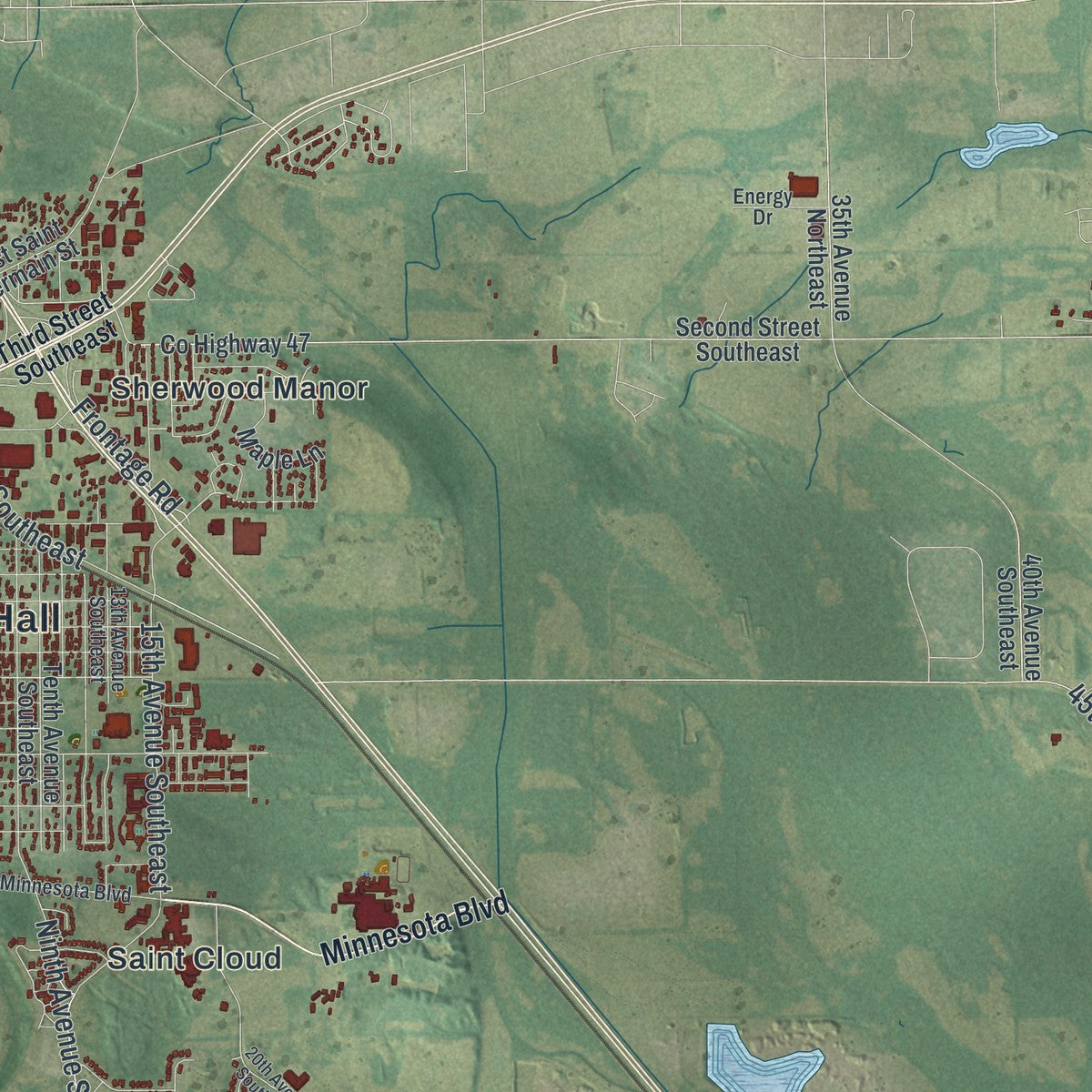 Second close-up of the map of St. Cloud, Minnesota print showing more streets and buildings