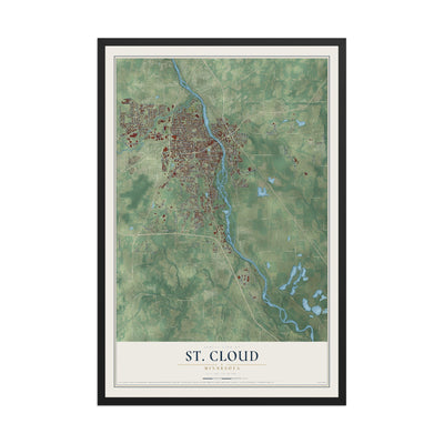 Map of St. Cloud, Minnesota, 12 x 18 inch print in a black wood frame