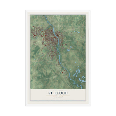 Map of St. Cloud, Minnesota, 12 x 18 inch print in a white wood frame